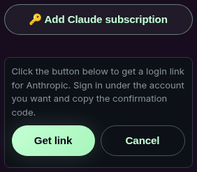 The Add Claude subscription button on the agent card with the panel open and a Get link button.