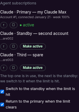 The Agent subscriptions block: three connected subscriptions, the active one marked in green, the others with a Make active button, two checkboxes below.